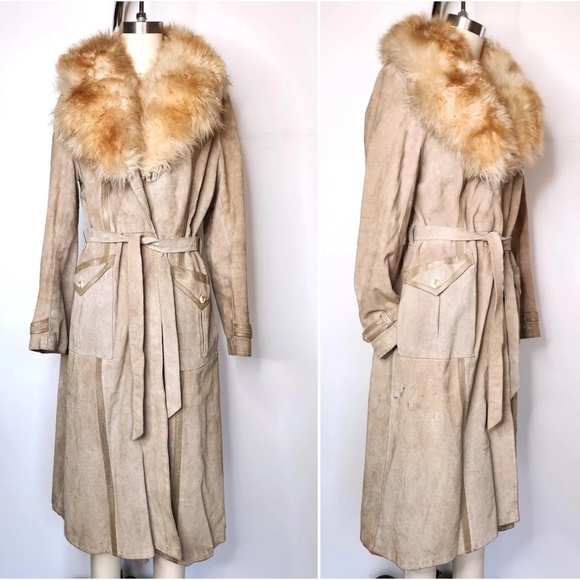 Vintage 70s Leather Suede & SHEARLING Fur Collar Coat Belted Trench - Boho XS S